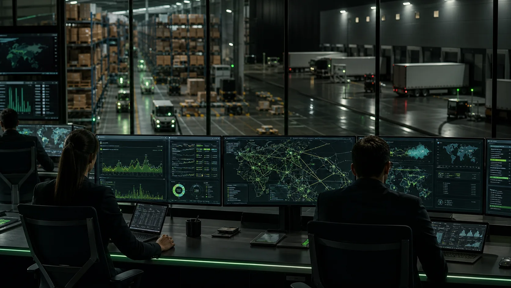 Logistics warehouse dispatch and supply chain AI decision scenario illustration